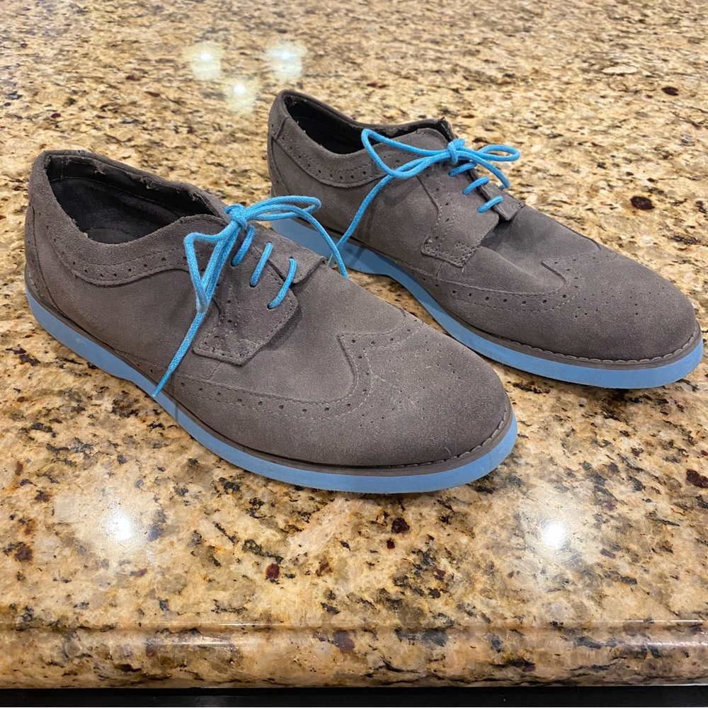 Perry Ellis Portfolio Gray Kenneth Suede Leather Oxford Shoes Blue Mens Size 10